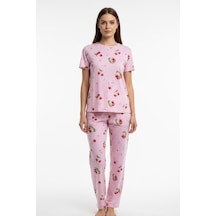 Kompedan Kadın Bisiklet Yaka Yumuşak Dokulu Büyük Kiraz Desenli Kısa Kol Pijama Takım Pembe 70132-4668