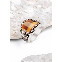 ​Gümüş Özel Kesim Kaplan Gözü Taşlı İşlemeli Erkek Yüzük -5614