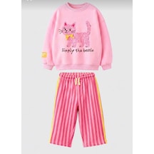 Moda Kız Çocuk 2'li Eşofman Takımı Pembe Sweatshirt Çizgili Pantolon Günlük Spor Takım