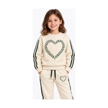 Rony Pony Kids Kız Çocuk Ekru Yeşil Kalp Desenli Şeritli Eşofman Takımı Sweatshirt Ve Jogger Pantolon Beyaz Yeşil