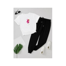 Herkesemoda Pembe Çiçekler Baskı Detaylı T-shirt Eşofman Takımı Beyaz
