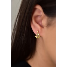 925 Ayar Gümüş Gold Kaplama Kalemli Zirkon Pembe Taşlı Frezya Çiçeği Küpe UVPTS300398-3