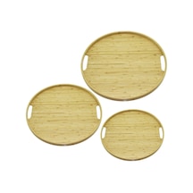 Yuvarlak - 3 Boy Bambu Ahşap Tepsi Seti 30--35--38cm Çok Renkli