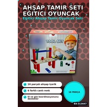 16 Parça Renkli Ahşap Tamir Seti Kutusu 31.5x14x29 Cm Çocuk Eğitici Oyuncak Bx-313647