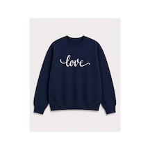 Herkesemoda Love Yazı Baskı Detaylı Şardonlu 2 İplik Bisiklet Yaka Sweatshirt Lacivert