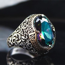 Vog Karışık Renk Mistik Topaz Yanı Desen Işlemeli Özel Seri 925 Ayar Erkek Gümüş Yüzük