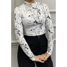 Modazeyosh Mermer Desen Crop Bluz Beyaz