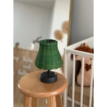 Yeşil Rattan & Bambu Masa Üstü Kablosuz Pilli Abajur Masa Lambası Alt Ayak Antrasit