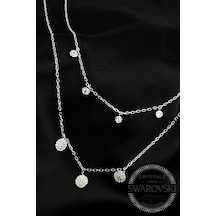 Swarovski Taşlı 925 Ayar Gümüş Çift Zincirli Modern Kolye