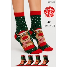 Saysez Unisex Yılbaşı Desenli 4'lü Paket Renkli Soket Çorap Christmas Happy New Year Renkli8