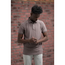 Regular Fit Likralı Kendinden Çizgili Polo Yaka T-shirt Vizon