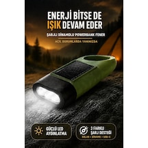 Solar Panelli Şarjlı Dinamolu Powerbank Fener El Kranklı Usb-c Kamp Ve Acil Durum Lambası Karabinalı Yeşil