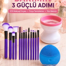 3 Lü Güzellik Ve Kişisel Bakım Seti 12 Li Makyaj Fırçası Fırça Temizleme Cihazı Ve Yüz Temizleme Cih