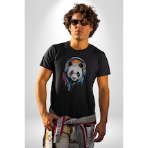 Kulaklık Ayı Panda Unisex Unisex Siyah Organik Baskılı T-shirt Penye Yüksek Kalite Siyah