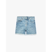 Koton Pamuklu Cepli Püsküllü Paça Denim Şort Orta İndigo 6skg40114ad