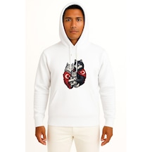 Bahriyeli Collection Kapüşonlu Anne - Baba Ve Çocuk Turan Kurt Ve Türk Bayrağı Göğüs Baskılı Unisex Sweatshirt Beyaz