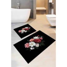 Siyah Çiçek Desenli Banyo Halısı Klozet Paspas Seti Bs004n11