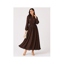 Hira Life Fashion Kadın Çilek Kumaş Ve Önü Düğmeli Eteği Fırfırlı Hakim Yaka Elbise Kahverengi Kahverengi