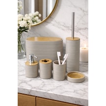 Makri Home 6 Parça Toprak Banyo Seti, Bambu Detaylı, 8l Çöp Kovası 24x26x16 Cm Kahverengi