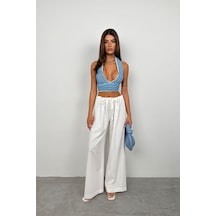 Çizgili Boyun Bağlamalı Crop Mavi