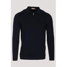 Erkek Polo Yaka Triko Lacivert Slim Fit Yarım Fermuarlı Balık Sırt Desenli Pamuklu Kazak Ncs Jeans 3006-lacivert Lacivert