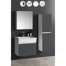 Çiğdem 55+35 Cm Beyaz-füme Balon Mdf Seramik Lavabolu Sepetli Asma Banyo Dolabı Takımı