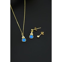 Papatya Silver 925 Ayar Gümüş Gold Kaplama Mavi Opal Yuvarlak Kolye Çivili ve Top Küpe Set