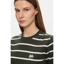 Ucla Mısha Haki Çizgili Bisiklet Yaka Triko Nakışlı %100 Pamuk Standard Fit Kadın Tshirt