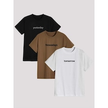 3'lü Days T-shirt - Siyah Vizon Beyaz Baskılı Oversize Bisiklet Yaka Kısa Kol Tişört Siyah Vizon Beyaz