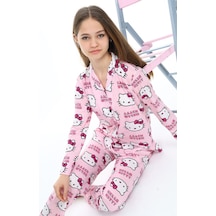 Kız Çocuk Kedi Baskılı Pijama Takımı 7-16 Yaş 0150 Pembe