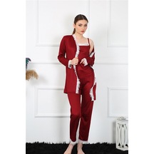 İbrahim Burak Etiler Collection Moda Çizgi Kadın 3'lü Bordo Sabahlık Takım 16108