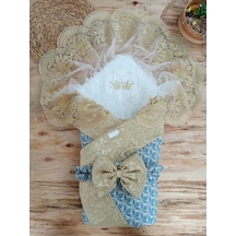 Yenidoğan Piramit Desenli Güpür İşlemeli Bebek Battaniyesi Kundak Gold Gold