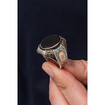 Oval Oniks Siyah Taşlı 925 Erkek Gümüş Yüzük Beyaz