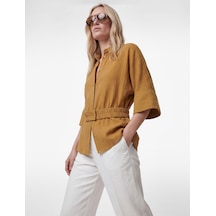 Koton Viskon Karışımlı Dokulu Geniş 3/4 Kısa Kollu Kemerli Oversize Gömlek Haki 6sak60304pw