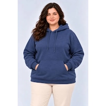 Battal Büyük Beden Üç İplik İçi Şardonlu Kapüşonlu Kanguru Cepli Kışlık Sweatshirt - Lacivert