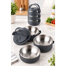 3 Katlı Yeni Nesil Sefer Tası Lunch Box Beslenme Kabı Paslanmaz Çelik 1800 Ml Gri - Siyah