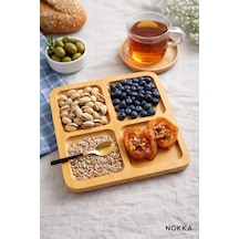 Bambu Sunumluk, 4 Bölmeli Kare Sunum Tabağı, Çerez Tabağı 20x20 Cm Renksiz
