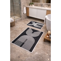 Modern Çizgili Çerçeve Banyo Paspası Kaydırmaz Tabanlı Yumuşak 2 Li Set Gri