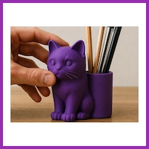 Bezos 3d Baskı Kedi Figürlü Kalemlik - Masaüstü Organizer - Mor Bty