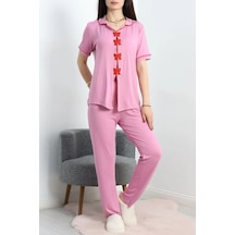 Seka Store Seka Fiyonk Nakışlı Biyeli Viskon Pijama Takımı Pembe - 40565.1857. Çok Renkli