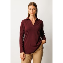 On Kadın Büyük Beden Polo Yaka Basic Bluz 61332 Bordo Bordo