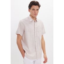 Tudors Erkek Regular Fit Klasik Kesim Oversize %100 Pamuk Keten Doku Tek Cepli Çizgili Kısa Kollu Bej Gömlek-42413