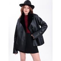 M M Marki Marki Hakiki Deri Kadın Mont Siyah İçi Kürklü Kruvaze Düğmeli Blazer Model 70 Cm - 120622