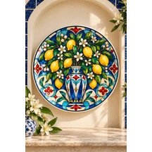 Dekoratif Duvar Tabağı Limonlu Vitray Bahçesi Dekorlu Seramik Tabak Metalik