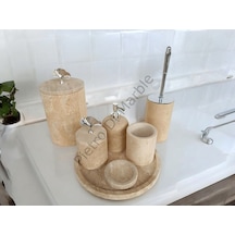 Sarı Traverten Klasik Model 7 Parça Gümüş Renk Japon Gülü Aksesuarlı Banyo Seti Sarı Traverten
