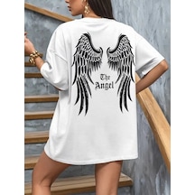 Kadın Kısa Kol Tişört Bisiklet Yaka Angel Melek Kanadı Baskılı T-shirt - Beyaz
