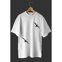 Noıssey -wed Albatroz Kuşları Tasarım Baskılı Oversize T-shirt Tişört Beyaz