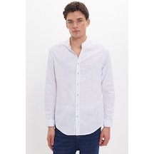 Tudors Erkek Slim Fit Dar Kesim Uzun Kollu %100 Pamuk Keten Doku Çizgili Hakim Yaka Gömlek-42655 Mavi