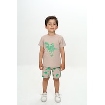 Toontoy Erkek Çocuk Kabaran Dinazor Baskılı Şortlu Takım Bej