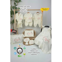 Gros Shop Müslin Yeni Doğan 4katlı Organik %100pamuk Kişiye Özgü Nakışlı Hastane Çıkış Seti Çiçek Model-2 Ekru-1